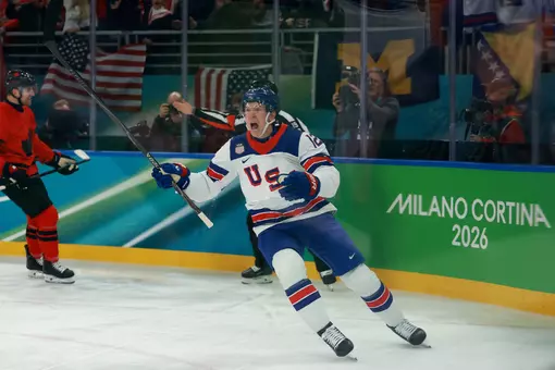 Matt Boldy celebrates scoring goal in Gold Medal Game