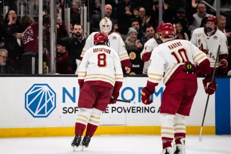 Gustafsson and Hagens celebrating during Beanpot