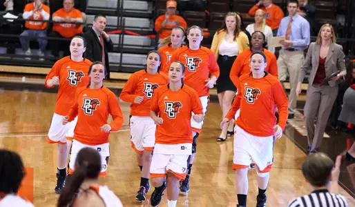 BGSU bench players at a media timeout in the Madonna game