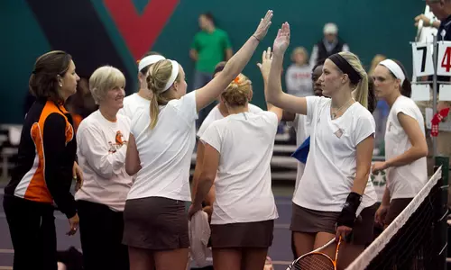 Katie Brozovich congratulates Jade Johnson after her doubles win Apr 28 2013 v Miami MAC Championship