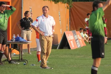 Eric Nichols during a 2014 match at Cochrane Field Stadium Field
