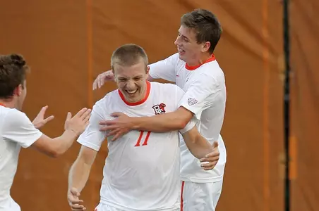 Pat Flynn is congratulated by Joe Sullivan after a goal v SIUE