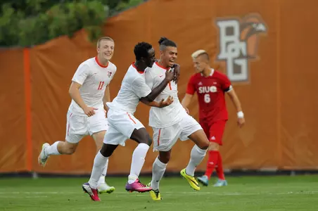 Ryan James is congratulated after his goal vs SIUE - Bianca Garza
