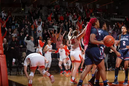 BGSU celebrates Kadie Hempfling's (35) game-winning layup