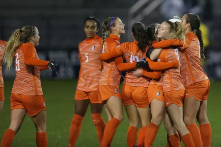 The Falcons celebrate Erica Hubert's goal in the NCAA Tournament
