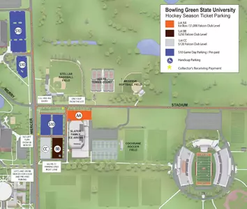 This is a map of how fans can access the designated parking lots for BGSU Hockey games.