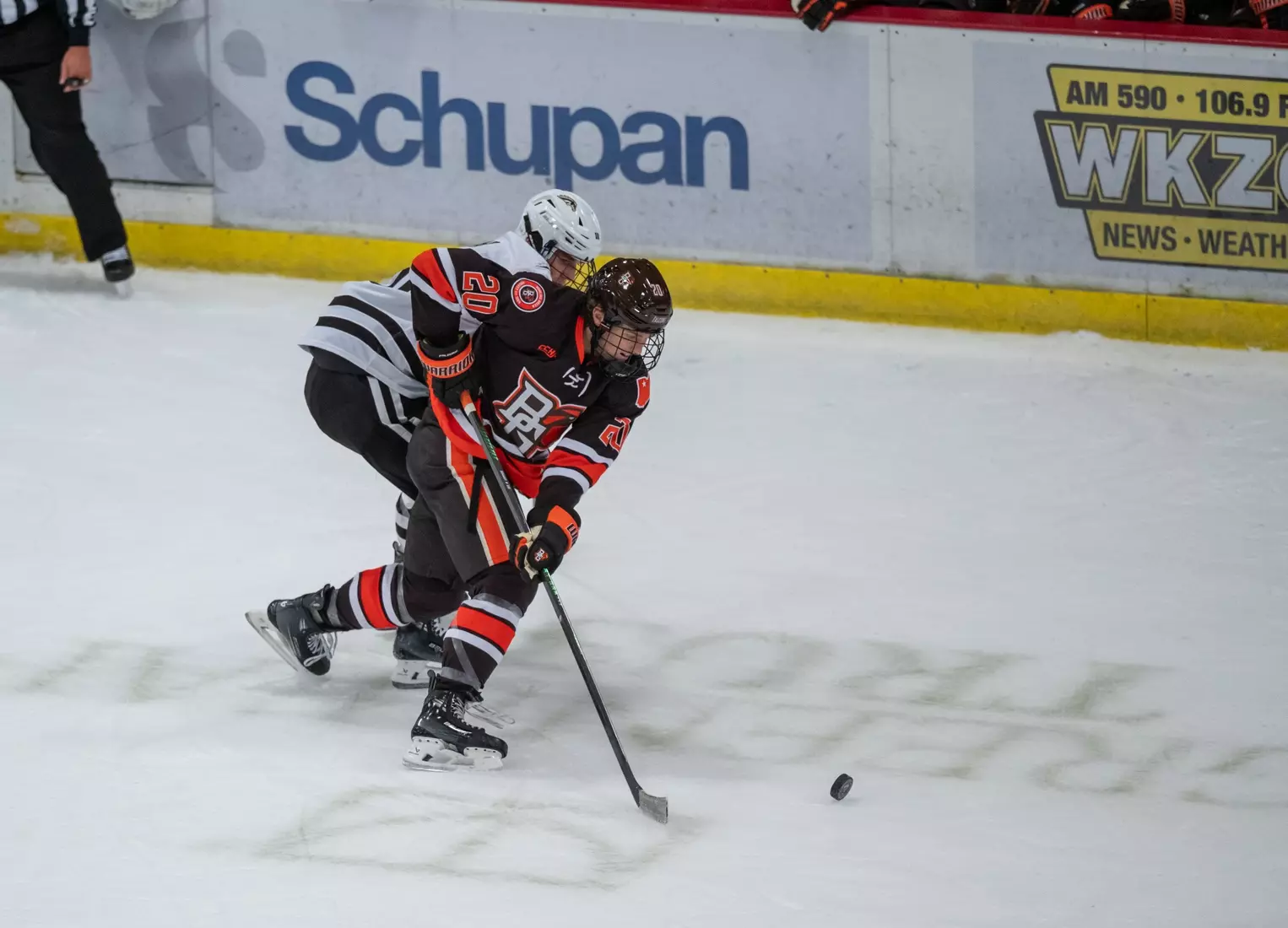 #20 Ryan O'Hara fights for the puck during a game at. Western Michigan Oct. 17, 2024