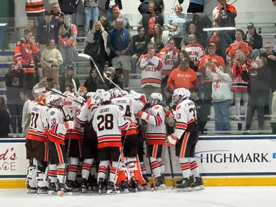 Game OT celebration against Mercyhurst 10/05/24