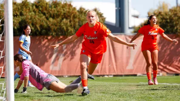 Emma Stransky celebrates after scoring her second goal of the game vs. KSU. Gabby Lamparty (12) had an assist on the goal