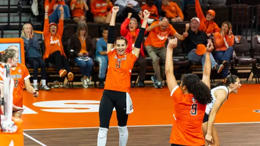 Amanda Otten celebrates a point at the Stroh Center against Miami