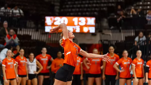Kate Eigner Serves a ball against Miami at the Stroh Center