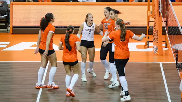 Team celebrates point vs ohio in the Stroh Center on Oct. 9, 2026.