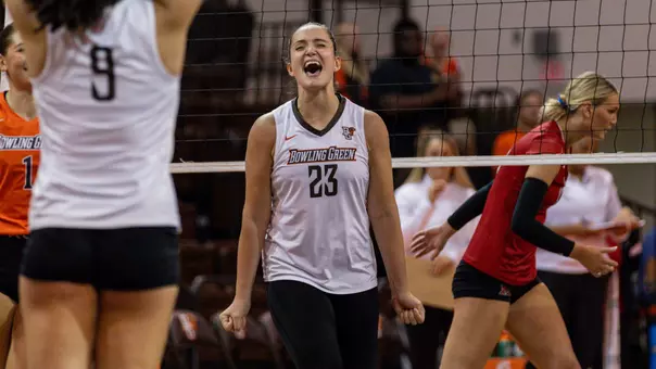 Bozic celebrates point at the Stroh Center versus Miami