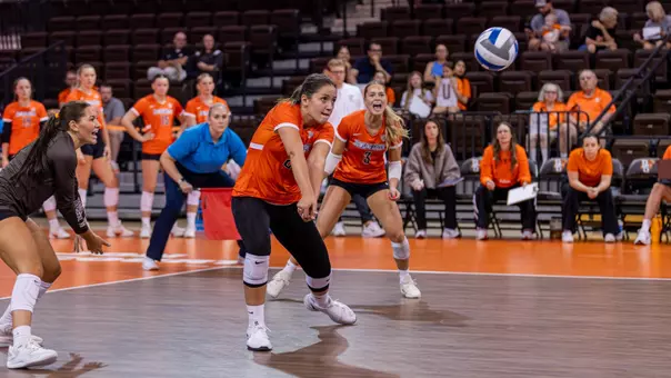 Sydney Hernandez digs a ball versus Gannon in an exhibition match at the Stroh Center on August 22nd 2026