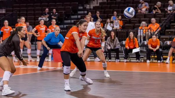 Anastasija Bozic digs a ball versus Gannon in an exhibition match at the Stroh Center on August 22nd 2026
