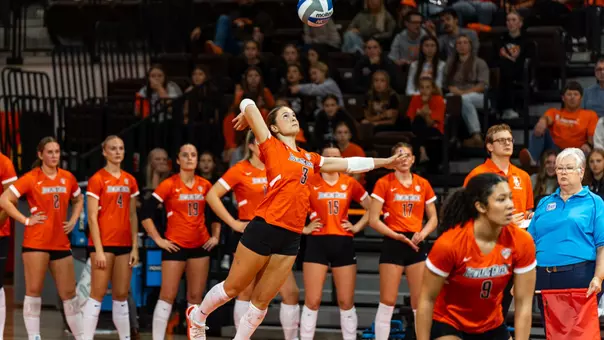 Avery Anders serves a ball against Miami in the Stroh Center on Sept. 25 2026