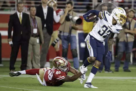 Los Angeles Chargers defensive back Nasir Adderley (32) intercepts a pass in front of San Francisco 49ers' Tyree Mayfield during the second half of an NFL preseason football game in Santa Clara, Calif., Thursday, Aug. 29, 2019. (AP Photo/Ben Margot)