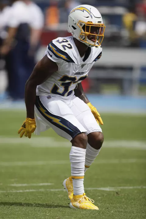 Los Angeles Chargers defensive back Nasir Adderley warms up before an NFL football game against the Houston Texans Sunday, Sept. 22, 2019, in Carson, Calif. (AP Photo/Marcio Jose Sanchez)