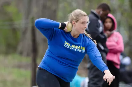 Delaware Freshman Sarah Hillman throws the shot put at the Delaware Classic.