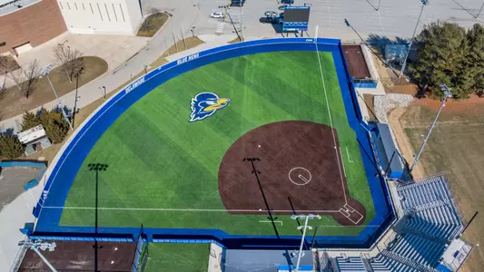 Drone aerial images of the "phase 1" renovations and additions to the UD Blue Hens Softball Team’s stadium featuring a new field, scoreboard, bullpen, and expanded seating.