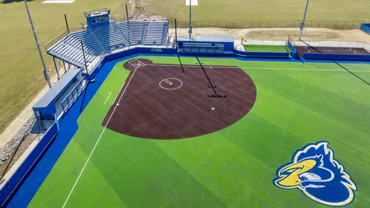 Drone aerial images of the "phase 1" renovations and additions to the UD Blue Hens Softball Team’s stadium featuring a new field, scoreboard, bullpen, and expanded seating.