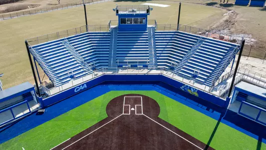 Drone aerial images of the "phase 1" renovations and additions to the UD Blue Hens Softball Team’s stadium featuring a new field, scoreboard, bullpen, and expanded seating.