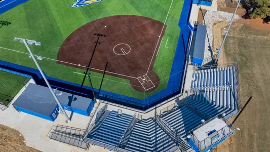 Drone aerial images of the "phase 1" renovations and additions to the UD Blue Hens Softball Team’s stadium featuring a new field, scoreboard, bullpen, and expanded seating.