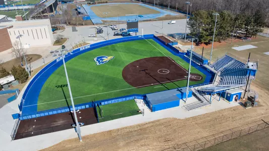 Drone aerial images of the "phase 1" renovations and additions to the UD Blue Hens Softball Team’s stadium featuring a new field, scoreboard, bullpen, and expanded seating.