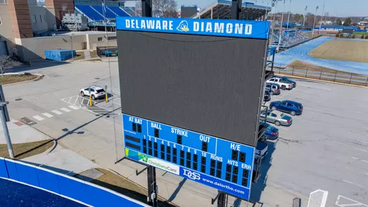 Drone aerial images of the "phase 1" renovations and additions to the UD Blue Hens Softball Team’s stadium featuring a new field, scoreboard, bullpen, and expanded seating.