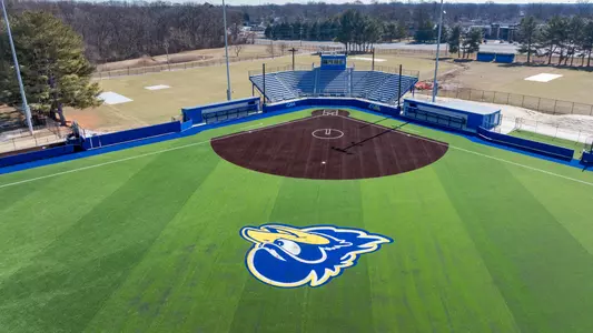 Drone aerial images of the "phase 1" renovations and additions to the UD Blue Hens Softball Team’s stadium featuring a new field, scoreboard, bullpen, and expanded seating.