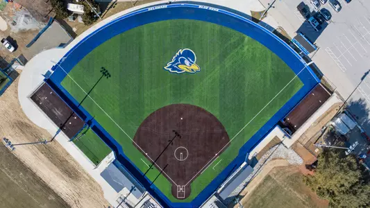 Drone aerial images of the "phase 1" renovations and additions to the UD Blue Hens Softball Team’s stadium featuring a new field, scoreboard, bullpen, and expanded seating.