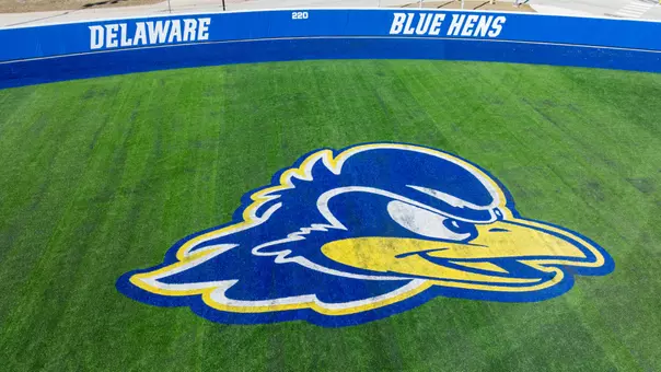 Drone aerial images of the "phase 1" renovations and additions to the UD Blue Hens Softball Team’s stadium featuring a new field, scoreboard, bullpen, and expanded seating.