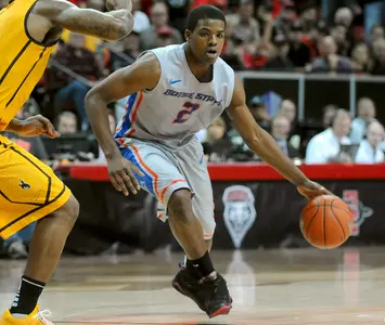 Mar 13, 2015; Las Vegas, NV, USA; Boise Broncos guard Derrick Marks Jr (2) dribbles the ball during the Mountain West tournament semifinals against Wyoming at Thomas and Mack Center. The Cowboys won the game 71-66 in overtime. Mandatory Credit: Stephen R. Sylvanie-USA TODAY Sport