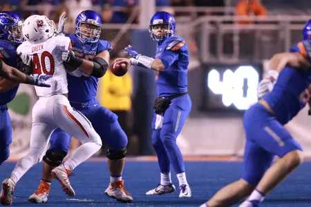 Dec 2, 2017; Boise, ID, USA; Boise State Broncos quarterback Brett Rypien (4) looks for a receiver down field during the first half of the Mountain West championship game against Fresno State Bulldogs at Albertsons Stadium. Mandatory Credit: Brian Losness-USA TODAY Sport