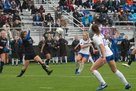 Boise State soccer player Morgan Stone takes a shot.