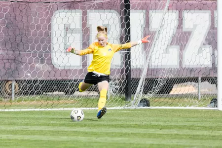 Boise State soccer player Sydney Smith takes a goal kick.