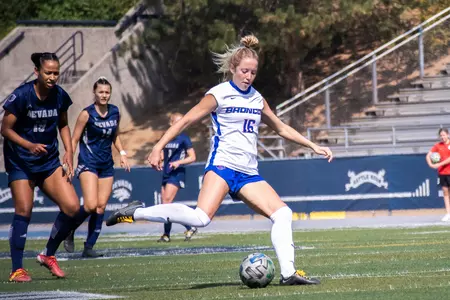 Boise State soccer player Reese Bodas makes a pass.
