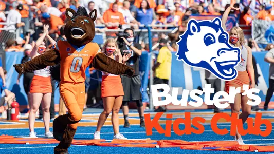 Buster Bronco runs out onto the field to promote the Buster's Kids Club