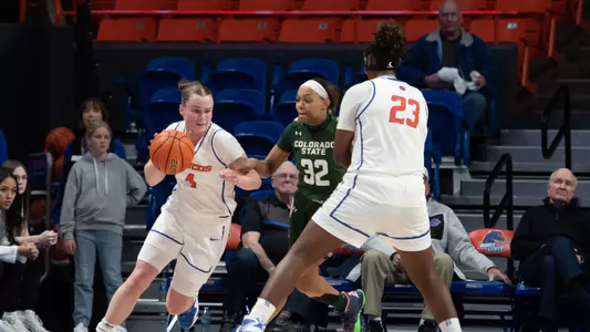 Mya Hansen dribbles to the basket in the first round of the MW Tournament against Utah State (3-5-23)