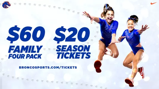 Gymnastics 2024 season tickets are on sale for $20 each. Family Four Packs are available for $60.