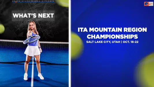 Whats Next graphic featuring Nicole Discenza for the ITA Mountain Region Championships in Salt Lake City, Utah, Oct. 18-22.