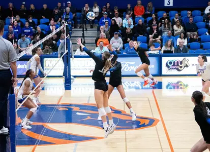 Annie Kaminski jumps high into the air to attack the ball during the San Jose State match, November 11, 2023.