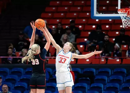 Abby Muse blocks a shot during the game against Pepperdine