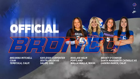 Volleyball recruiting graphic featuring four additions to the 2023 roster: Breanna Mitchell, Noelani Helm, Kayleigh Carpenter and Bridey O'Connor.