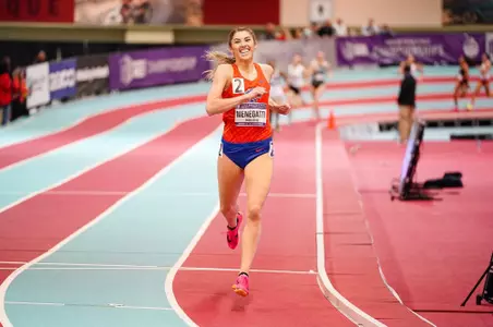 MaLeigha Menegatti smiles as she wins the women's 800m at the MW Indoor Championships 2023, breaking the conference, meet, and school record.