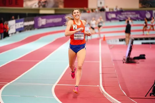 MaLeigha Menegatti smiles as she wins the women's 800m at the MW Indoor Championships 2023, breaking the conference, meet, and school record.