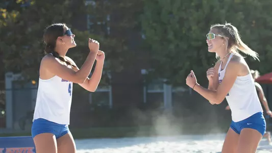 Anika Christensen and Elli Wolthuis celebrate a point at the Boise State Pairs Classic.