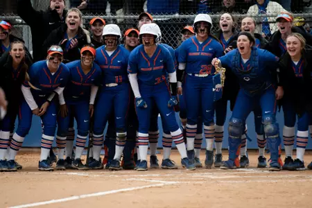2023 Softball Team celebrates home run at home against Portland State on March 11.