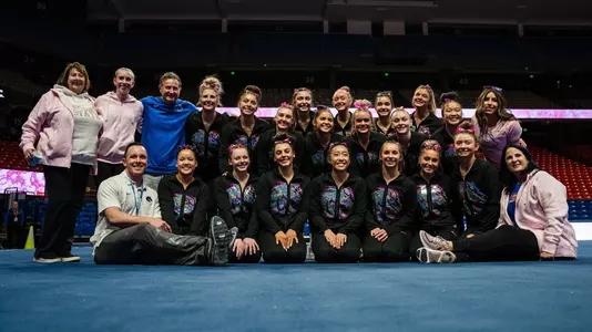 Team picture of the Boise State gymnastics program after their meet against Utah State