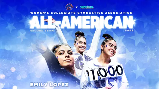 A graphic recognizing Emily Lopez for being a Second-Team All-American on bars